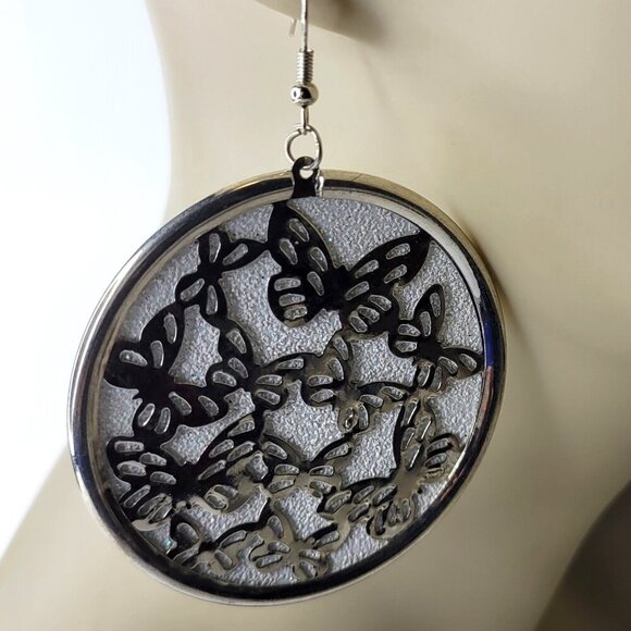 Silver Butterfly Earrings Silver Glitter Large Round Earrings Butterfly Earrings - Picture 1 of 5